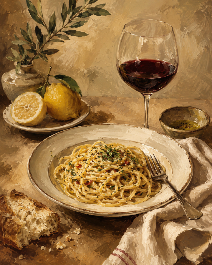 Målerisk stilleben av tallrik spaghetti, citroner, bröd och glas rödvin i varma beige- och vinröda toner.