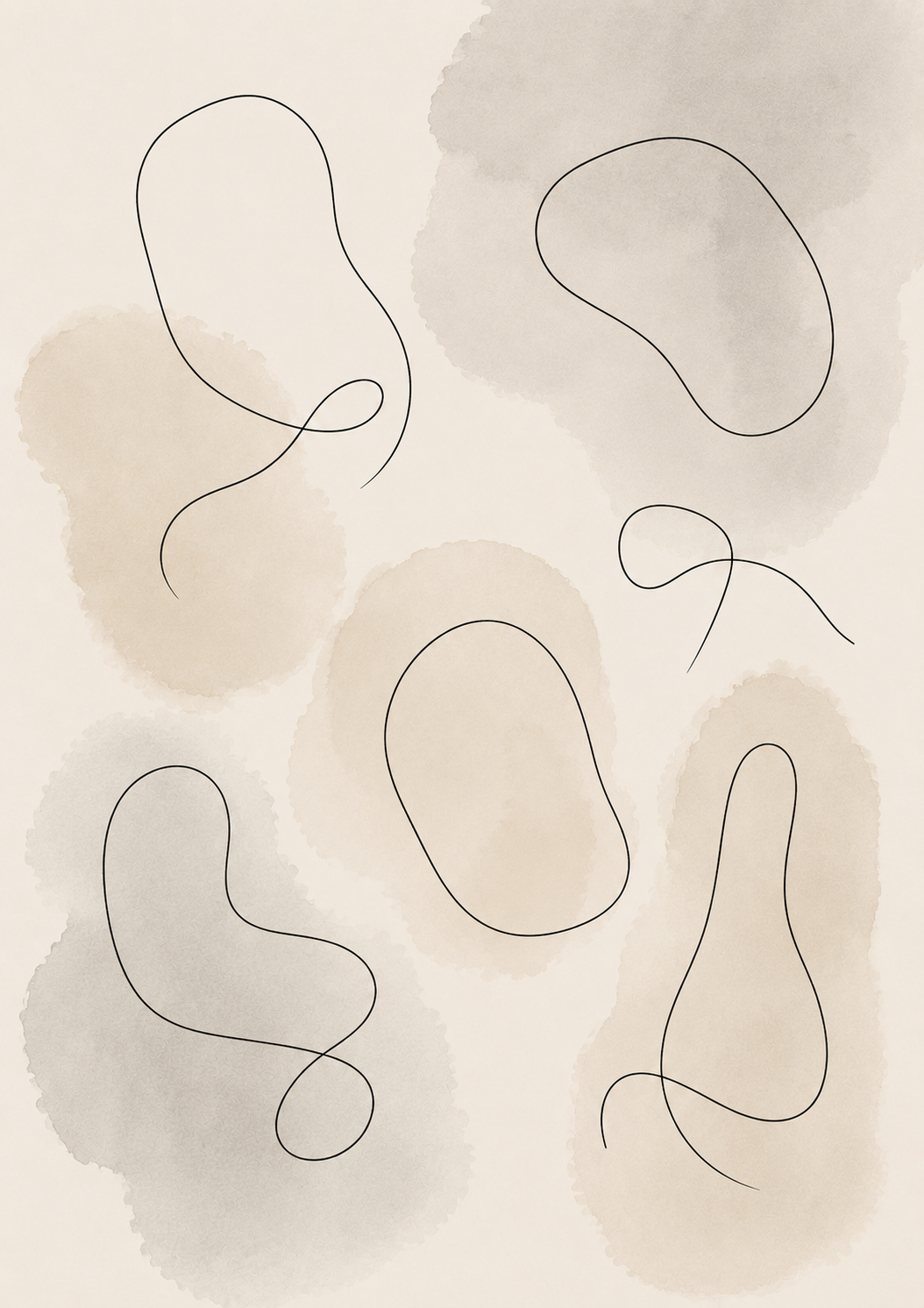 Abstrakt poster med mjuka akvarellfläckar i beige och ljusgrå samt tunna svarta organiska linjer på krämfärgad bakgrund.