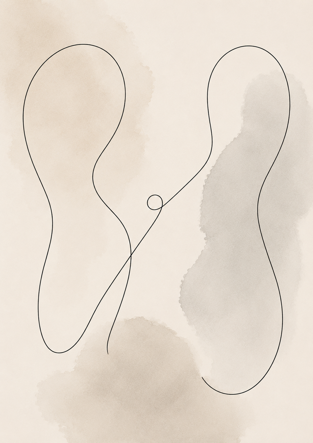 Minimalistisk abstrakt poster med tunn svart kontinuerlig linje över akvarellliknande fläckar i beige och ljusgrå.
