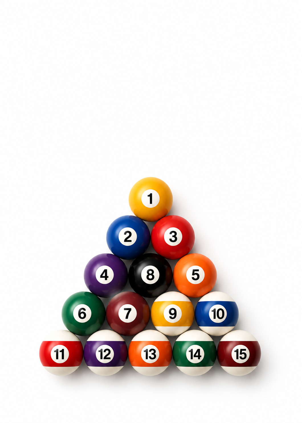 Fotorealistisk poster med numrerade biljardkulor uppställda i triangel på vit bakgrund.