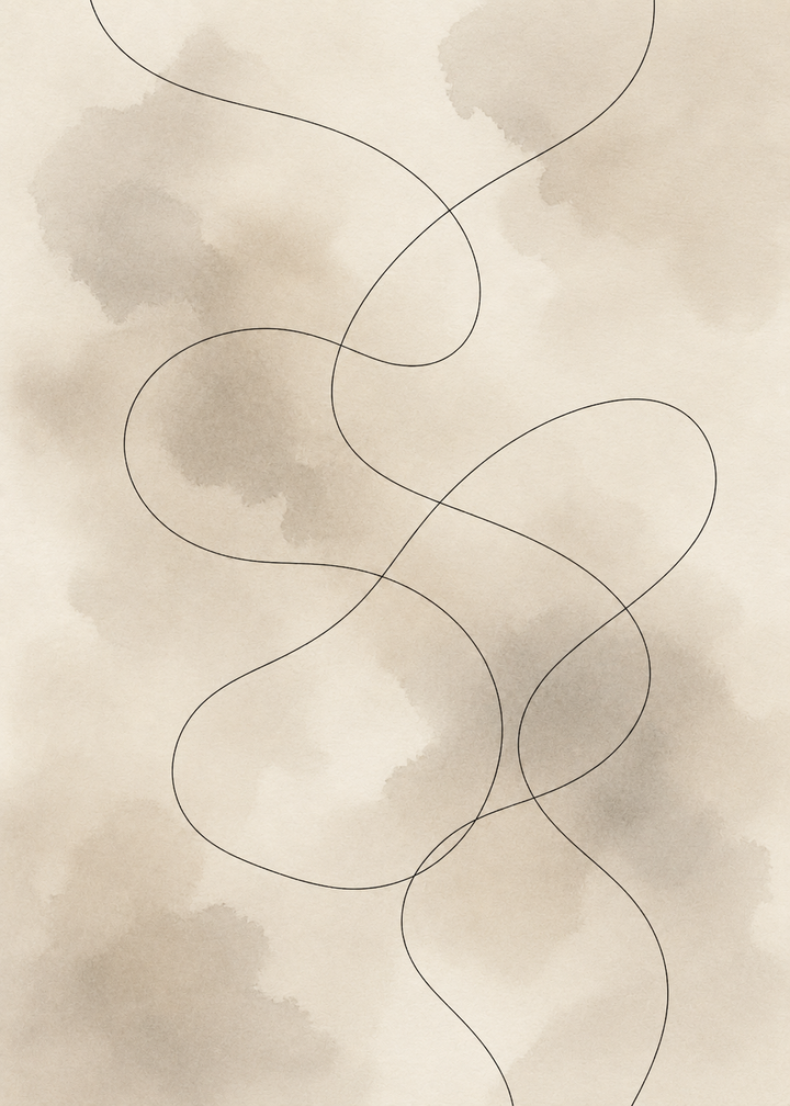 Minimalistisk abstrakt poster med tunn svart kontinuerlig linje över beige akvarellbakgrund.