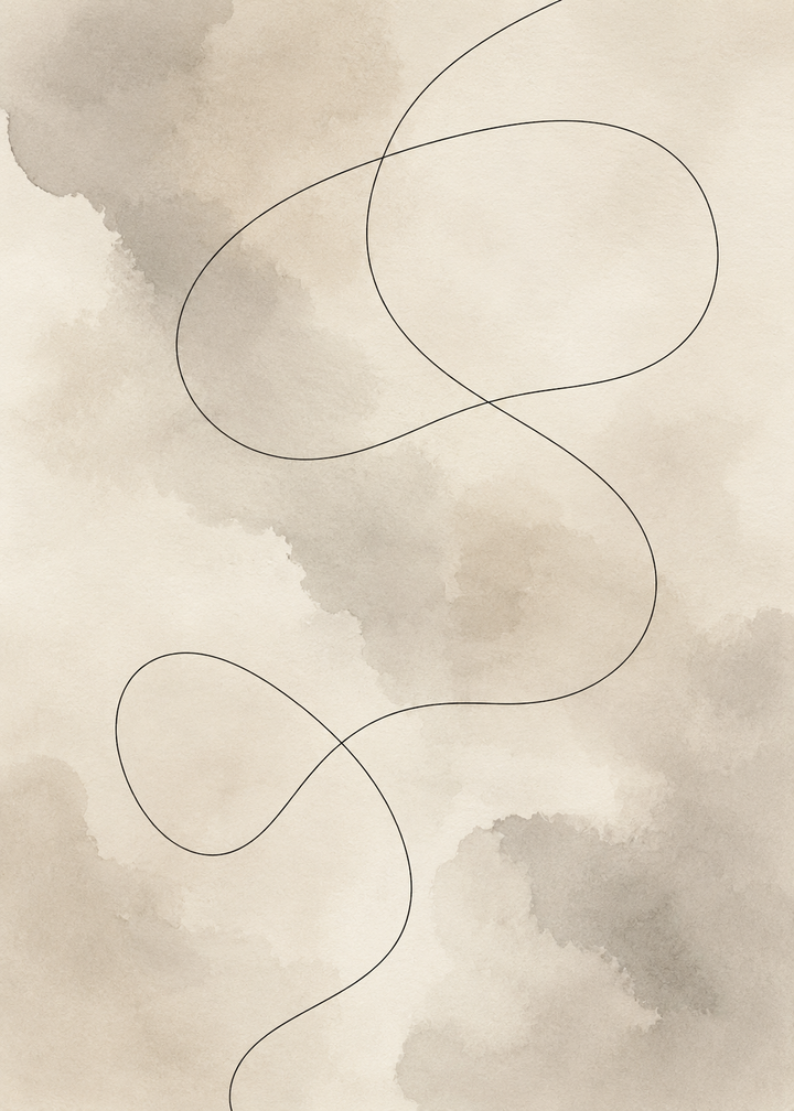 Abstrakt poster med akvarell‑liknande beige och taupe bakgrund och en tunn svart svepande linje som bildar mjuka slingor.
